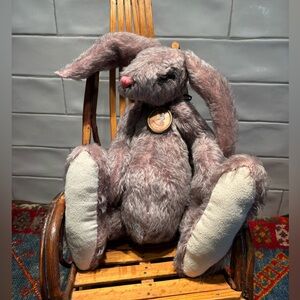 VTG HANDCRAFTED MOHAIR DUSTY PINK BUNNY FLOPPY EAR GLASS EYES ARTICULATED TOY